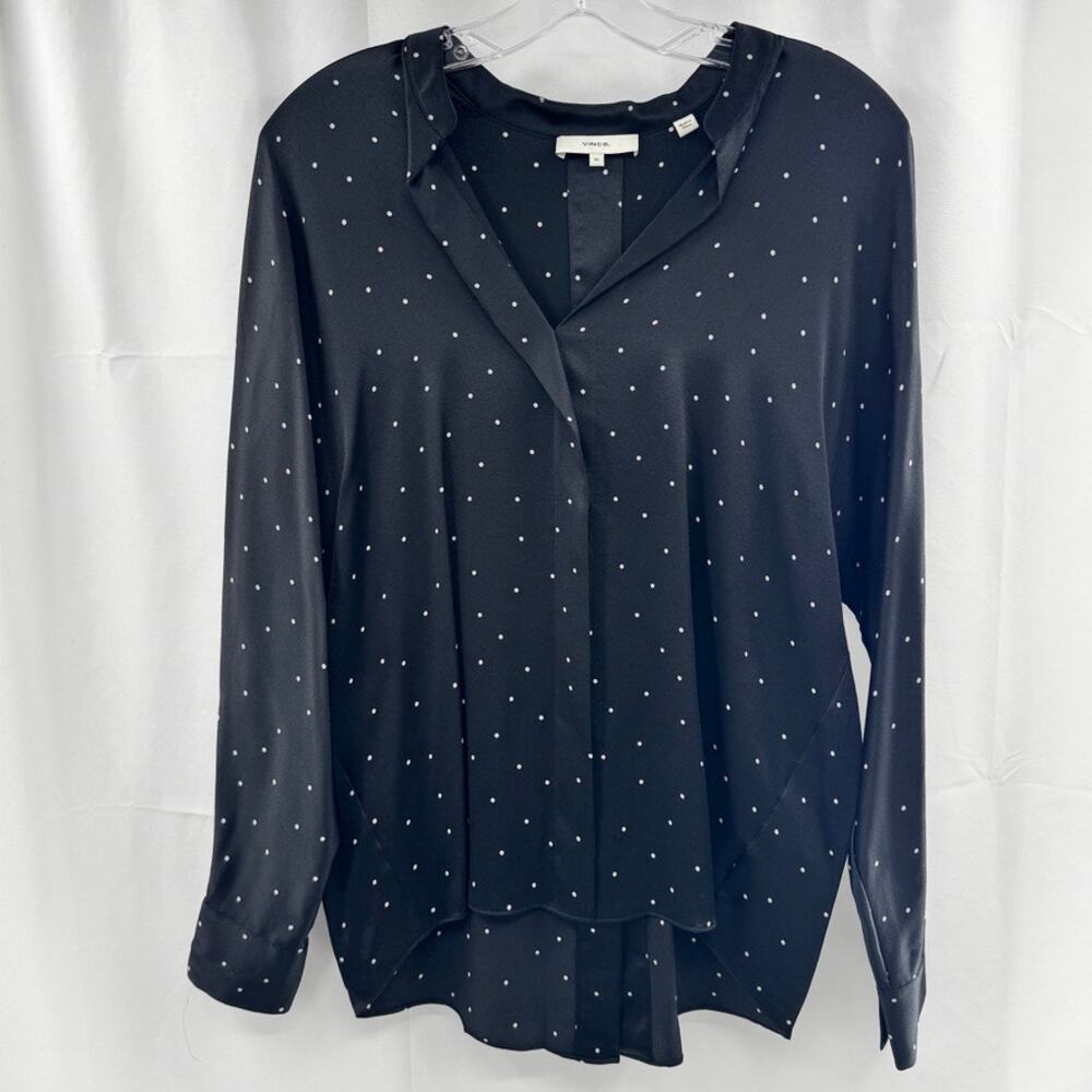 Vince Tailored Polka Dot Silk Popover Blouse Top Sz XS Black White Oversized